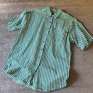 A.M.I. Cotton Turquoise/White Stripe Heavyweight Short Sleeve Button Down Medium